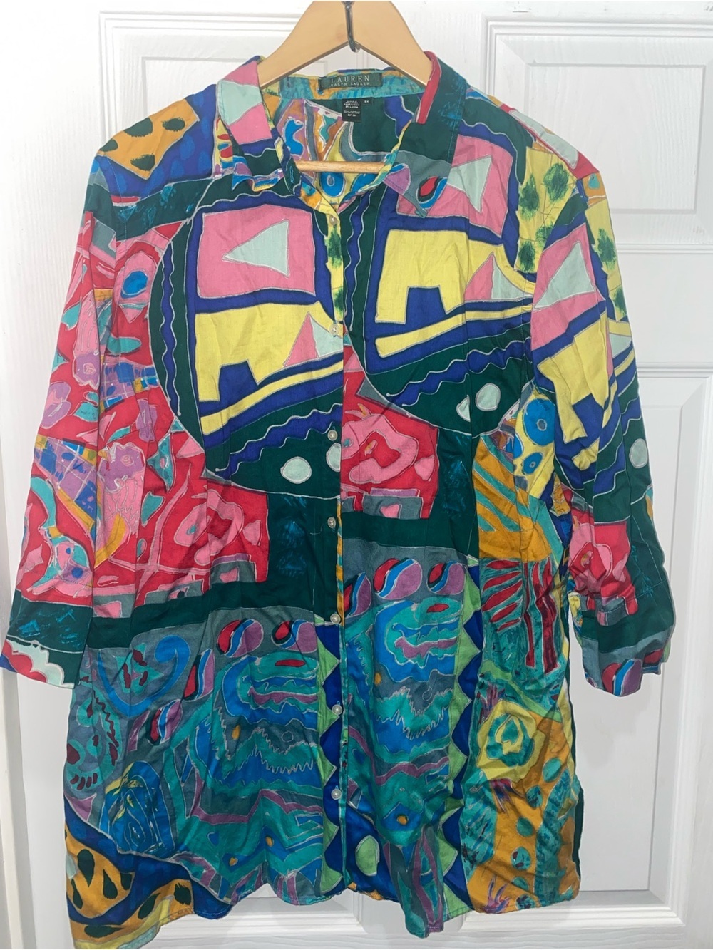Lauren Ralph Lauren 2X Bright Multicolor Abstract Print Button-Down Blouse Top